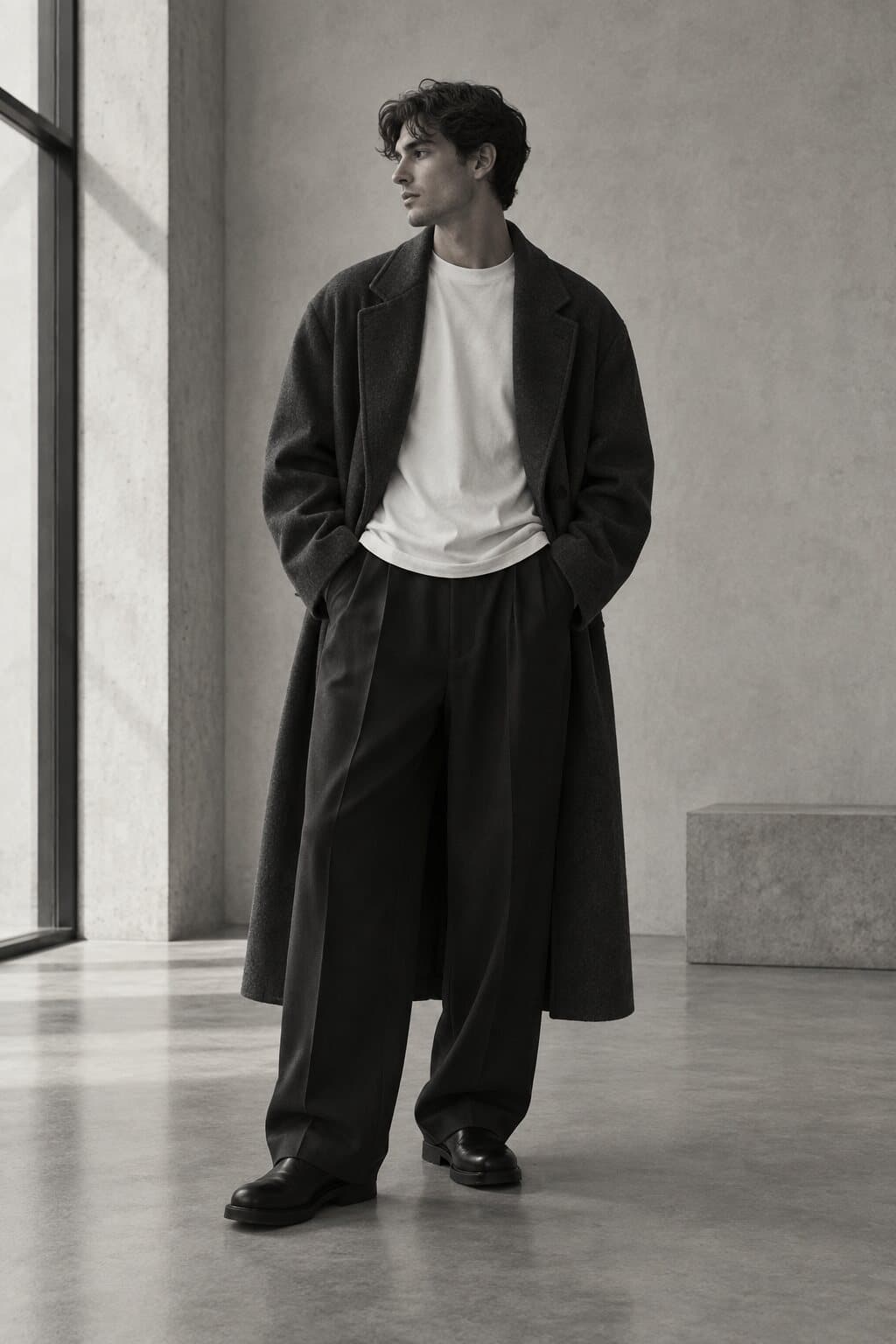 Model in a long charcoal double-faced wool overcoat, white tee and pleated black trousers