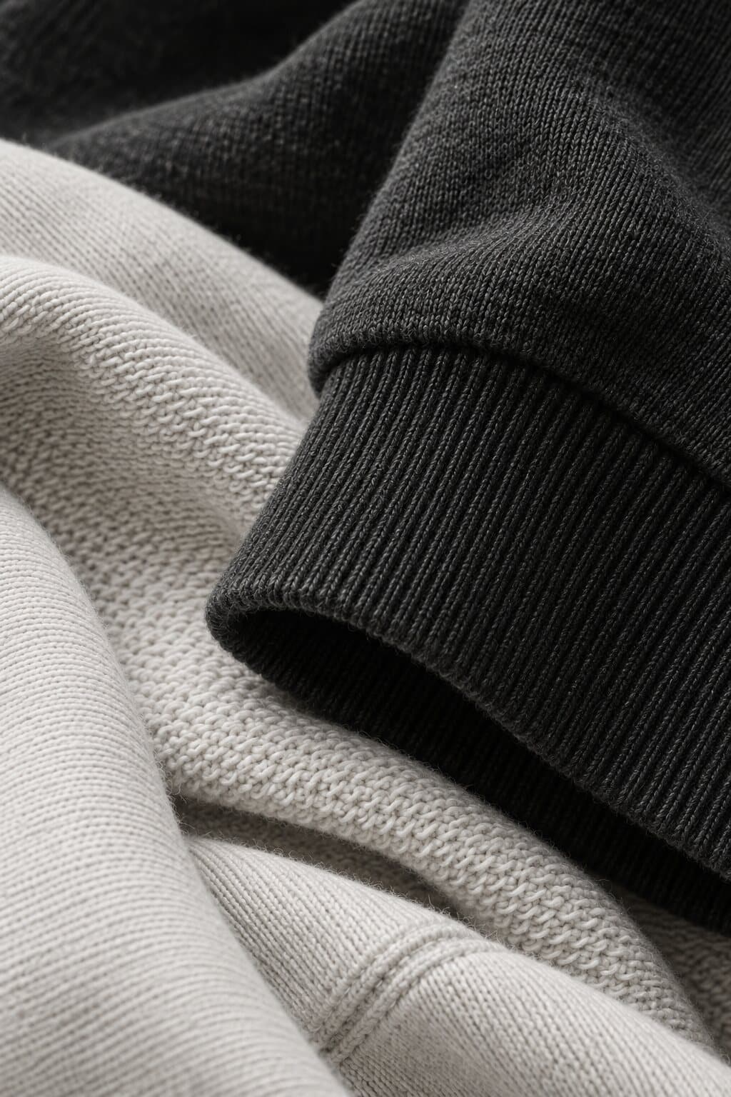 Close up of a black ribbed cuff resting on heavyweight grey loopback cotton