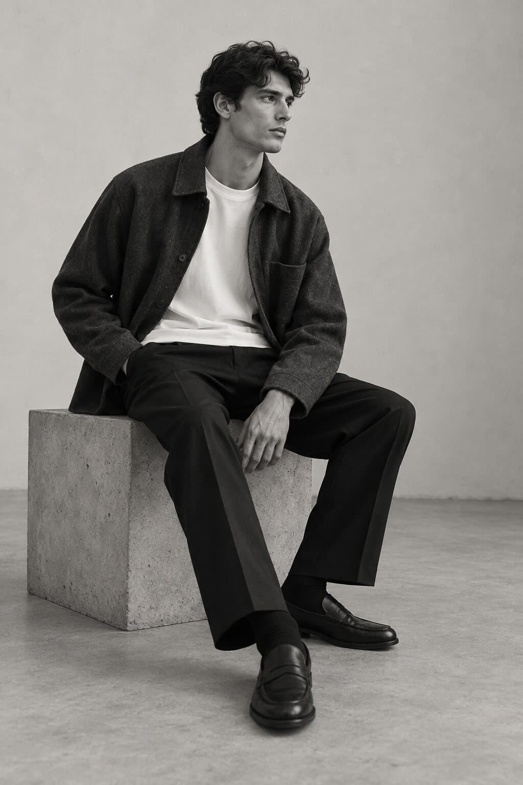 Model seated on a concrete block in a brushed wool overshirt and pleated trousers